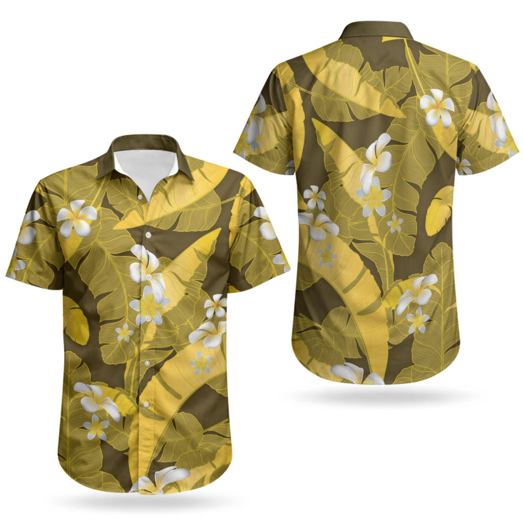 Yellow Banana Leaf Hawaii Couples Matching Mermaid Dress and Hawaiian Shirt Lau Maia Plumeria Tropical Summer Vibes