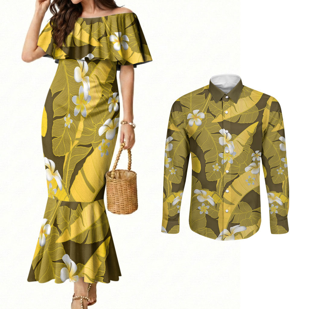 Yellow Banana Leaf Hawaii Couples Matching Mermaid Dress and Long Sleeve Button Shirt Lau Maia Plumeria Tropical Summer Vibes LT14 Yellow - Polynesian Pride