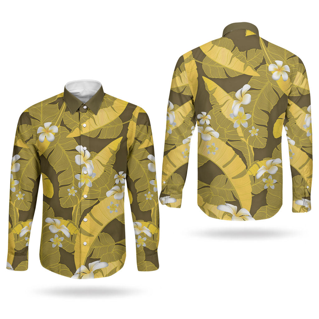 Yellow Banana Leaf Hawaii Couples Matching Mermaid Dress and Long Sleeve Button Shirt Lau Maia Plumeria Tropical Summer Vibes LT14 - Polynesian Pride
