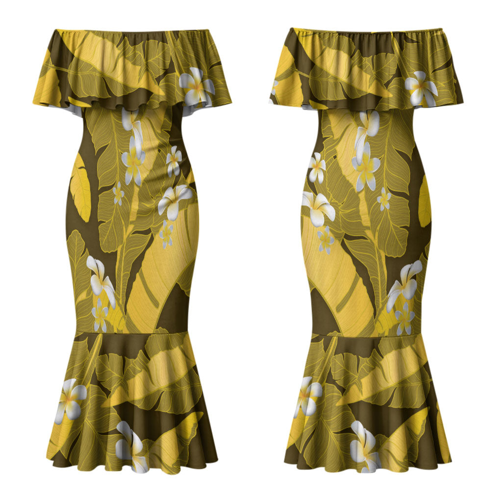 Yellow Banana Leaf Hawaii Couples Matching Mermaid Dress and Long Sleeve Button Shirt Lau Maia Plumeria Tropical Summer Vibes LT14 - Polynesian Pride