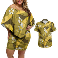 Yellow Banana Leaf Hawaii Couples Matching Off Shoulder Short Dress and Hawaiian Shirt Lau Maia Plumeria Tropical Summer Vibes