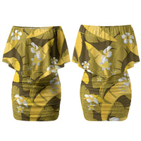 Yellow Banana Leaf Hawaii Couples Matching Off Shoulder Short Dress and Long Sleeve Button Shirt Lau Maia Plumeria Tropical Summer Vibes