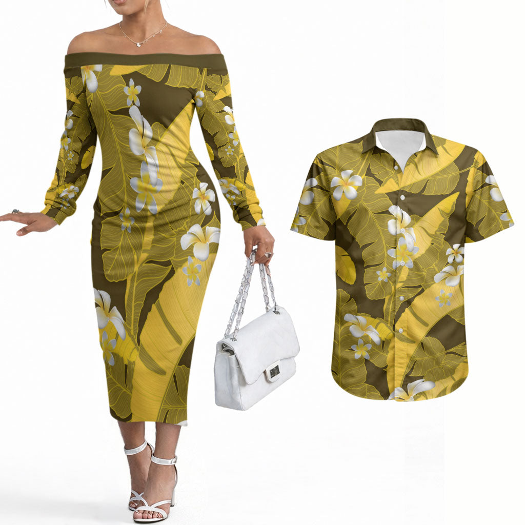 Yellow Banana Leaf Hawaii Couples Matching Off The Shoulder Long Sleeve Dress and Hawaiian Shirt Lau Maia Plumeria Tropical Summer Vibes LT14 Yellow - Polynesian Pride