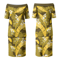 Yellow Banana Leaf Hawaii Couples Matching Puletasi and Long Sleeve Button Shirt Lau Maia Plumeria Tropical Summer Vibes