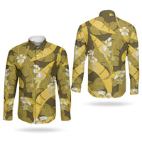 Yellow Banana Leaf Hawaii Couples Matching Short Sleeve Bodycon Dress and Long Sleeve Button Shirt Lau Maia Plumeria Tropical Summer Vibes