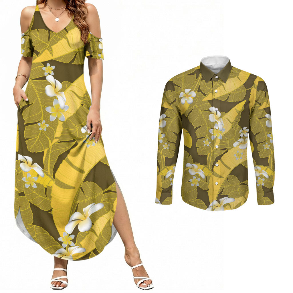 Yellow Banana Leaf Hawaii Couples Matching Summer Maxi Dress and Long Sleeve Button Shirt Lau Maia Plumeria Tropical Summer Vibes