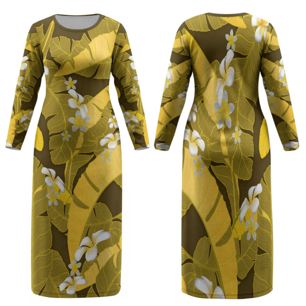 Yellow Banana Leaf Hawaii Family Matching Long Sleeve Bodycon Dress and Hawaiian Shirt Lau Maia Plumeria Tropical Summer Vibes LT14 Mom's Dress Yellow - Polynesian Pride