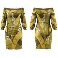 Yellow Banana Leaf Hawaii Family Matching Off The Shoulder Long Sleeve Dress and Hawaiian Shirt Lau Maia Plumeria Tropical Summer Vibes LT14 Mom's Dress Yellow - Polynesian Pride