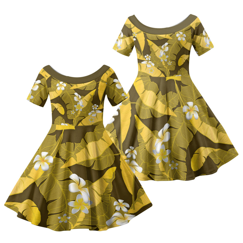 Yellow Banana Leaf Hawaii Family Matching Off Shoulder Short Dress and Hawaiian Shirt Lau Maia Plumeria Tropical Summer Vibes