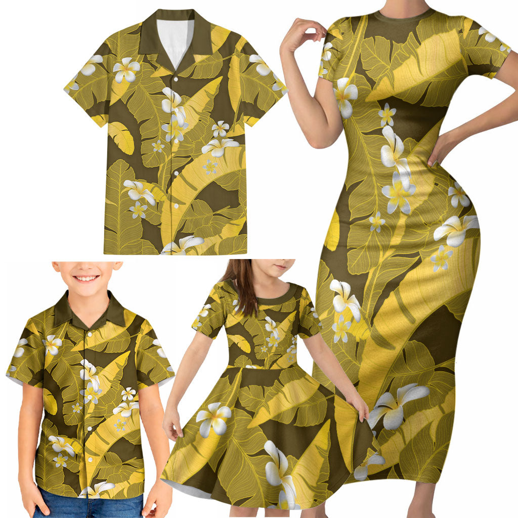 Yellow Banana Leaf Hawaii Family Matching Short Sleeve Bodycon Dress and Hawaiian Shirt Lau Maia Plumeria Tropical Summer Vibes LT14 - Polynesian Pride