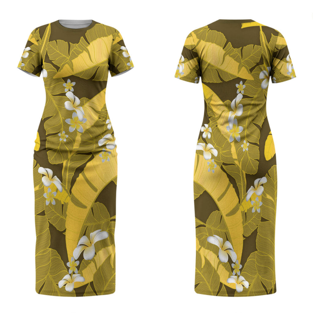 Yellow Banana Leaf Hawaii Family Matching Short Sleeve Bodycon Dress and Hawaiian Shirt Lau Maia Plumeria Tropical Summer Vibes LT14 Mom's Dress Yellow - Polynesian Pride