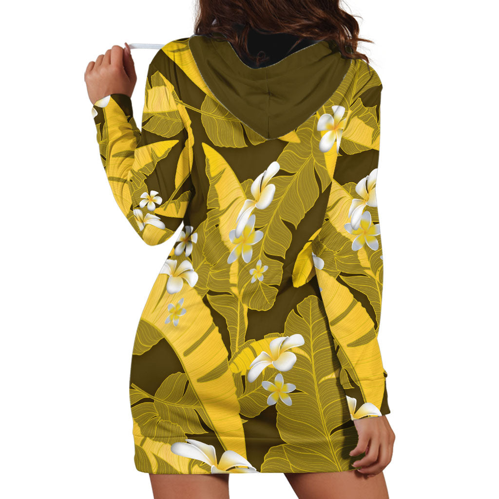 Yellow Banana Leaf Hawaii Hoodie Dress Lau Maia Plumeria Tropical Summer Vibes