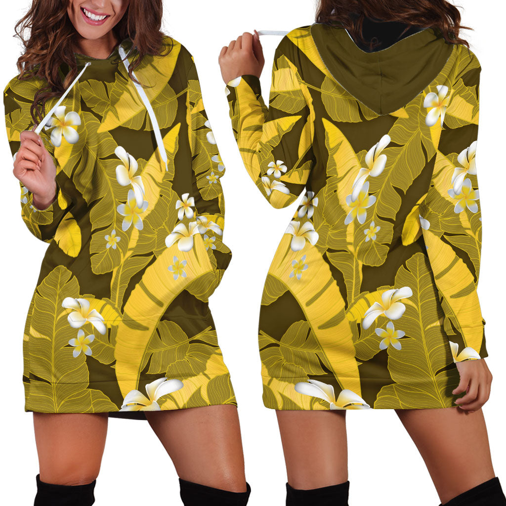 Yellow Banana Leaf Hawaii Hoodie Dress Lau Maia Plumeria Tropical Summer Vibes
