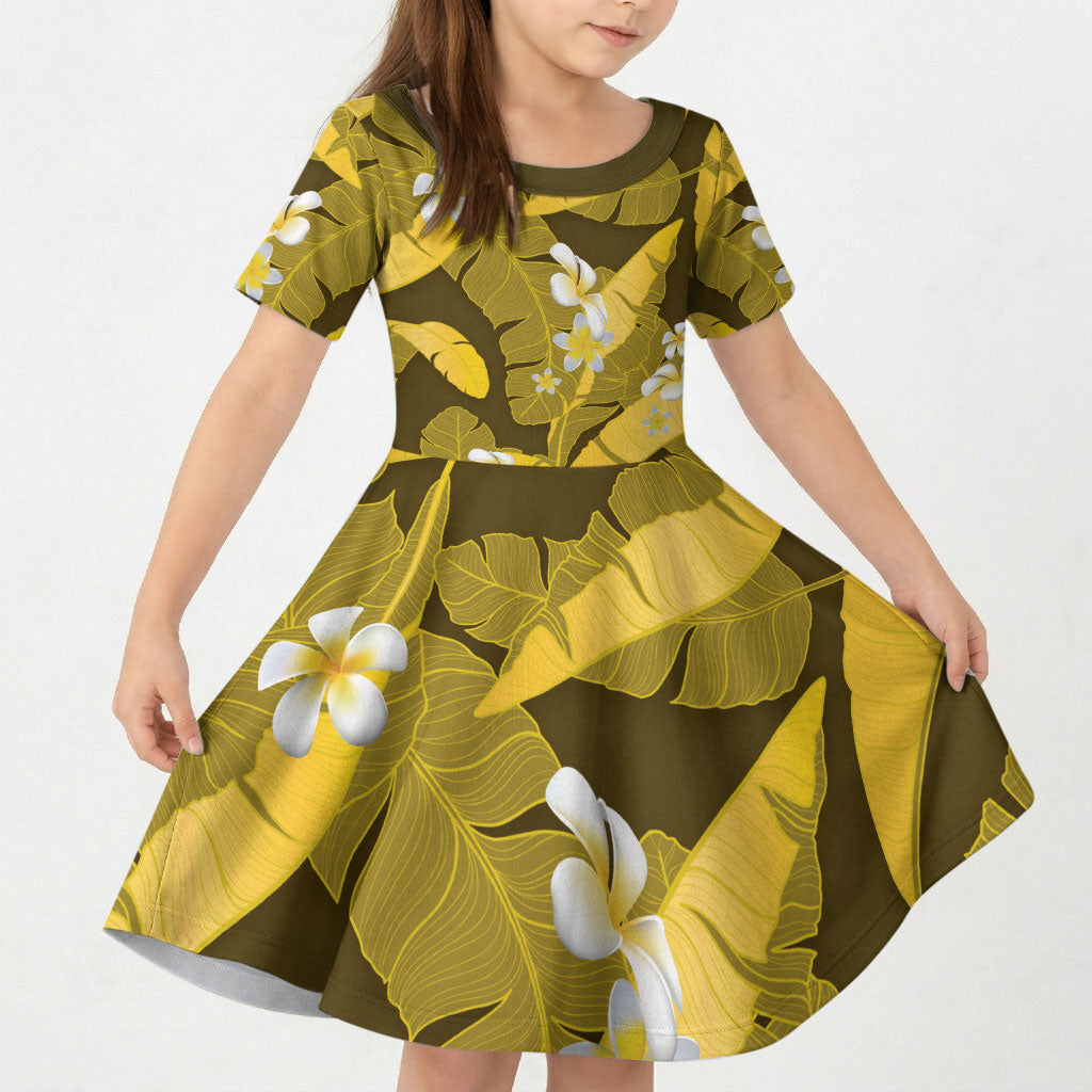 Yellow Banana Leaf Hawaii Kid Short Sleeve Dress Lau Maia Plumeria Tropical Summer Vibes