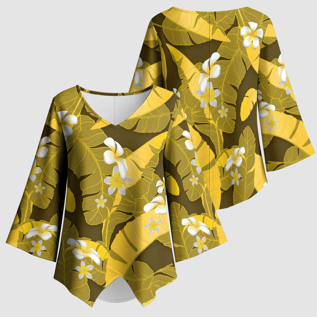 Yellow Banana Leaf Hawaii Kimono Sleeve Blouse Lau Maia Plumeria Tropical Summer Vibes