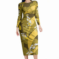 Yellow Banana Leaf Hawaii Long Sleeve Bodycon Dress Lau Maia Plumeria Tropical Summer Vibes