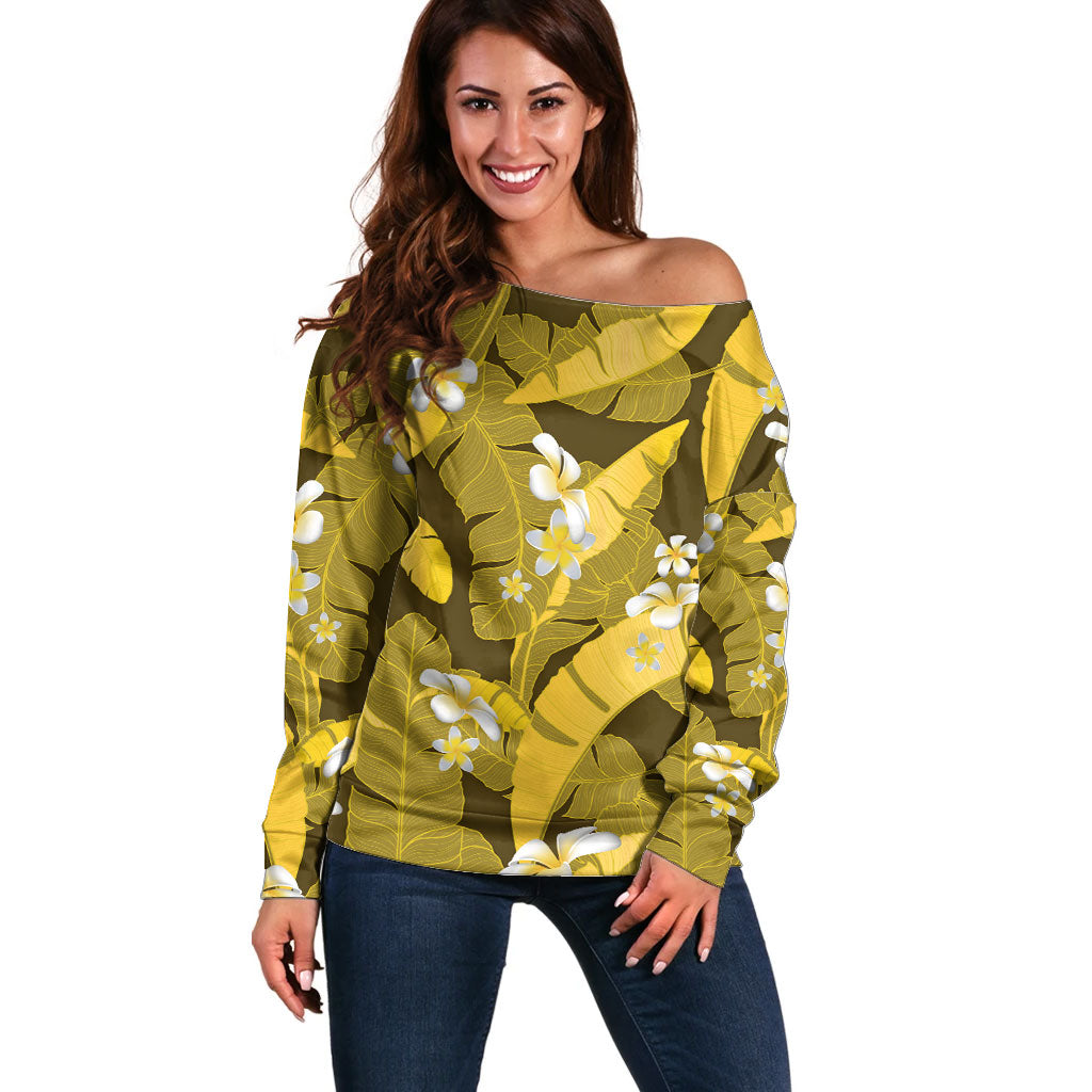Yellow Banana Leaf Hawaii Off Shoulder Sweater Lau Maia Plumeria Tropical Summer Vibes