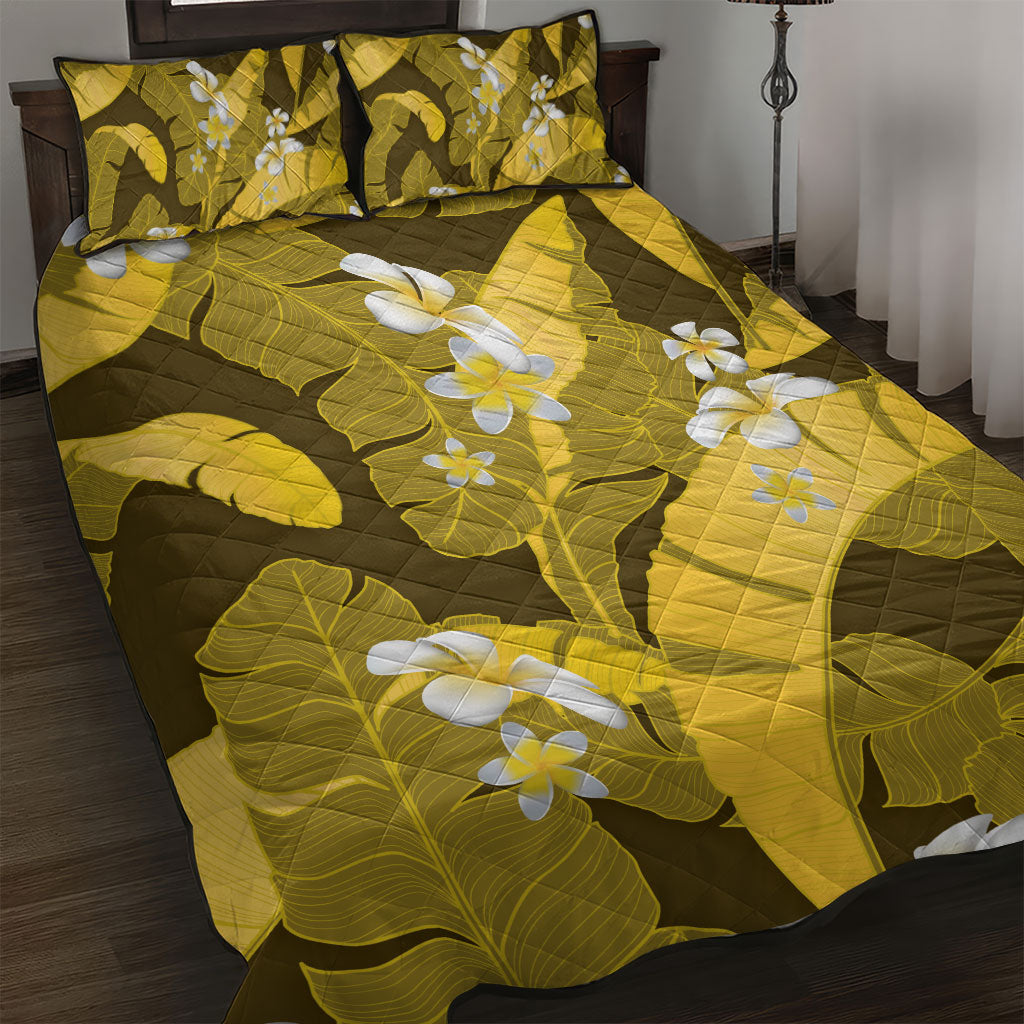 Yellow Banana Leaf Hawaii Quilt Bed Set Lau Maia Plumeria Tropical Summer Vibes