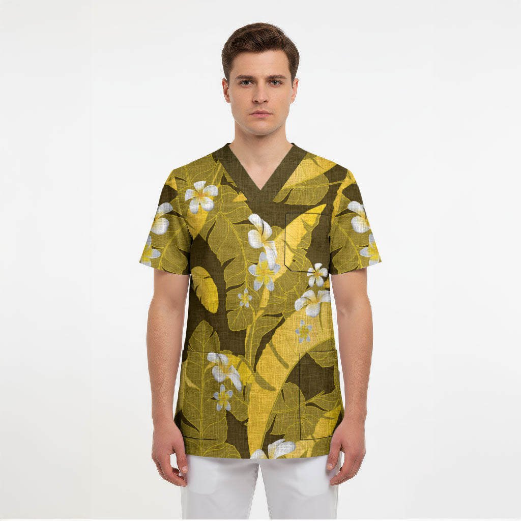 Yellow Banana Leaf Hawaii Scrub Top Lau Maia Plumeria Tropical Summer Vibes