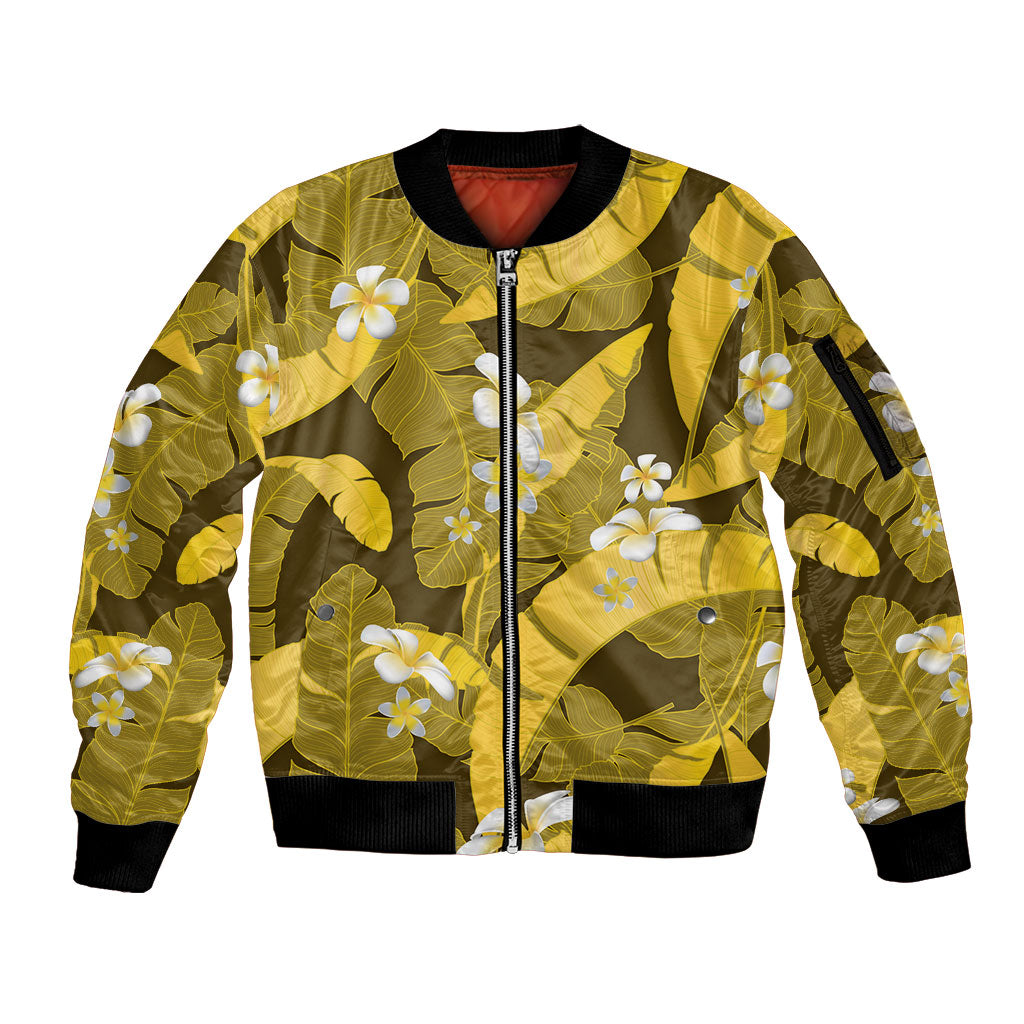 Yellow Banana Leaf Hawaii Sleeve Zip Bomber Jacket Lau Maia Plumeria Tropical Summer Vibes