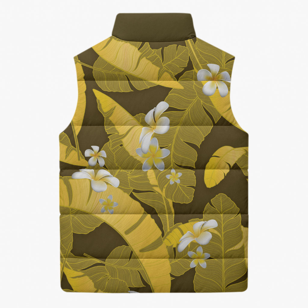 Yellow Banana Leaf Hawaii Sleeveless Puffer Jacket Lau Maia Plumeria Tropical Summer Vibes