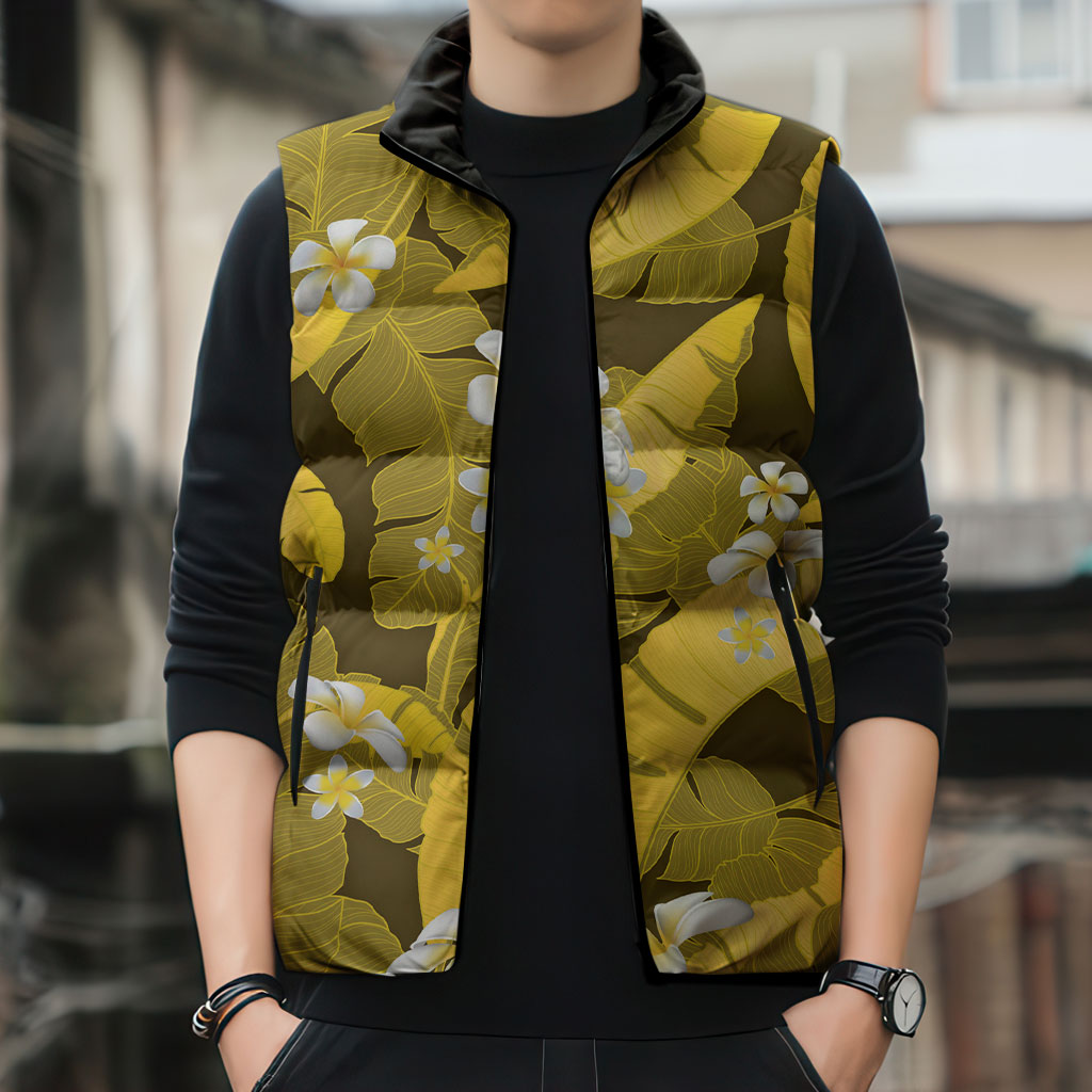 Yellow Banana Leaf Hawaii Sleeveless Puffer Jacket Lau Maia Plumeria Tropical Summer Vibes