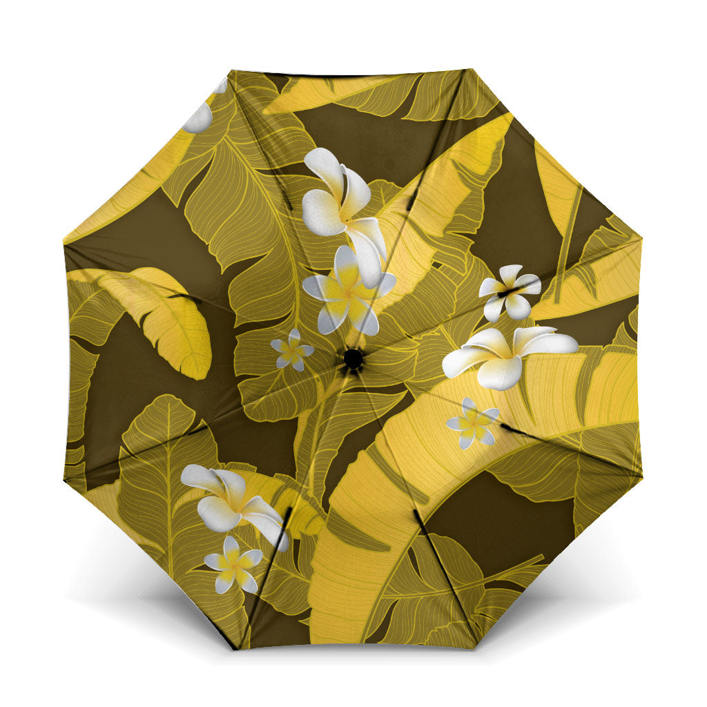 Yellow Banana Leaf Hawaii Umbrella Lau Maia Plumeria Tropical Summer Vibes LT14 One Size Folded 11.42 inch Opened Diameter 37.4 inch Yellow - Polynesian Pride