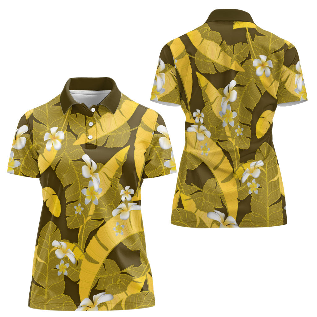 Yellow Banana Leaf Hawaii Women Polo Shirt Lau Maia Plumeria Tropical Summer Vibes