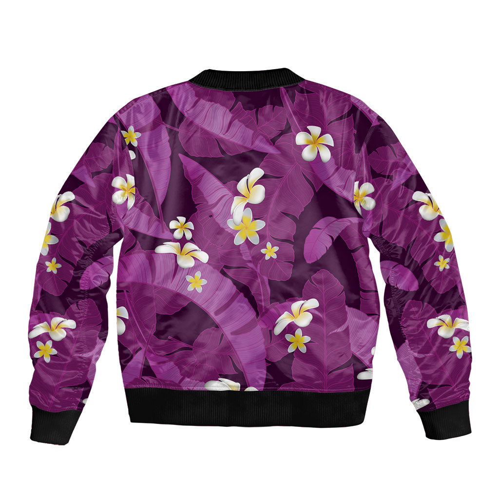 Purple Banana Leaf Hawaii Bomber Jacket Lau Maia Plumeria Tropical Summer Vibes