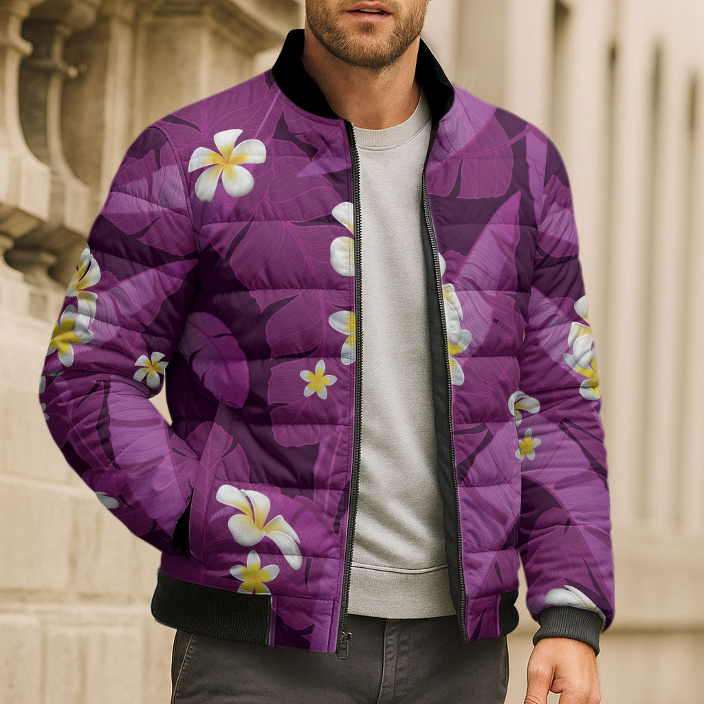 Purple Banana Leaf Hawaii Bomber Puffer Jacket Lau Maia Plumeria Tropical Summer Vibes LT14 - Polynesian Pride