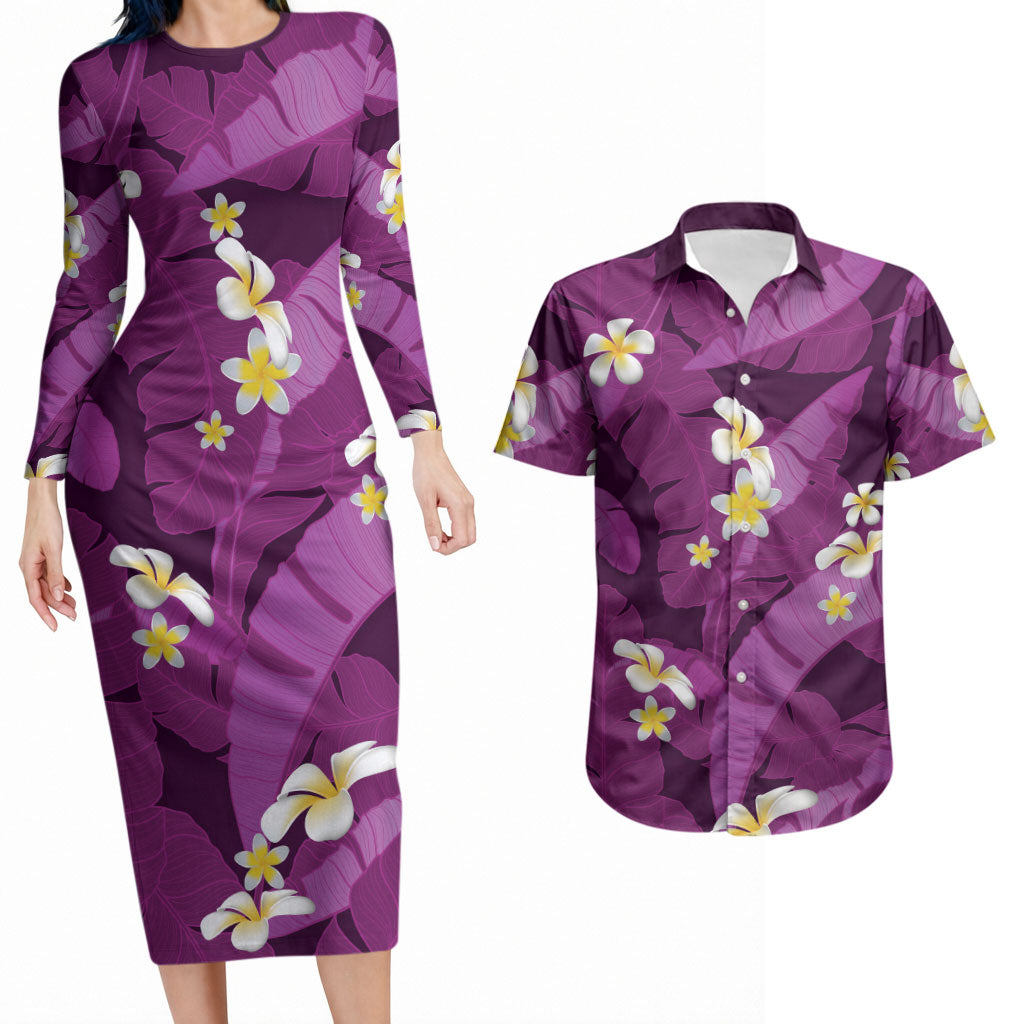 Purple Banana Leaf Hawaii Couples Matching Long Sleeve Bodycon Dress and Hawaiian Shirt Lau Maia Plumeria Tropical Summer Vibes LT14 Purple - Polynesian Pride