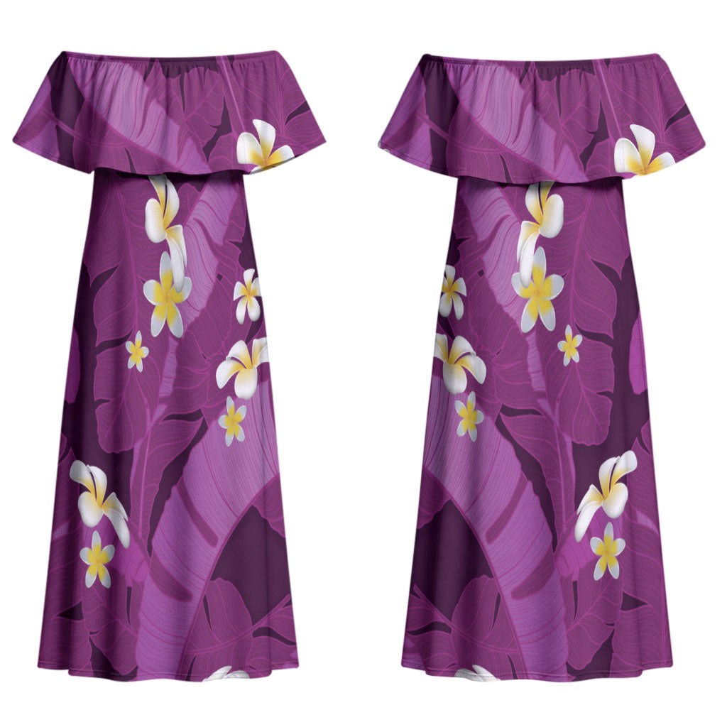 Purple Banana Leaf Hawaii Couples Matching Off Shoulder Maxi Dress and Hawaiian Shirt Lau Maia Plumeria Tropical Summer Vibes LT14 - Polynesian Pride