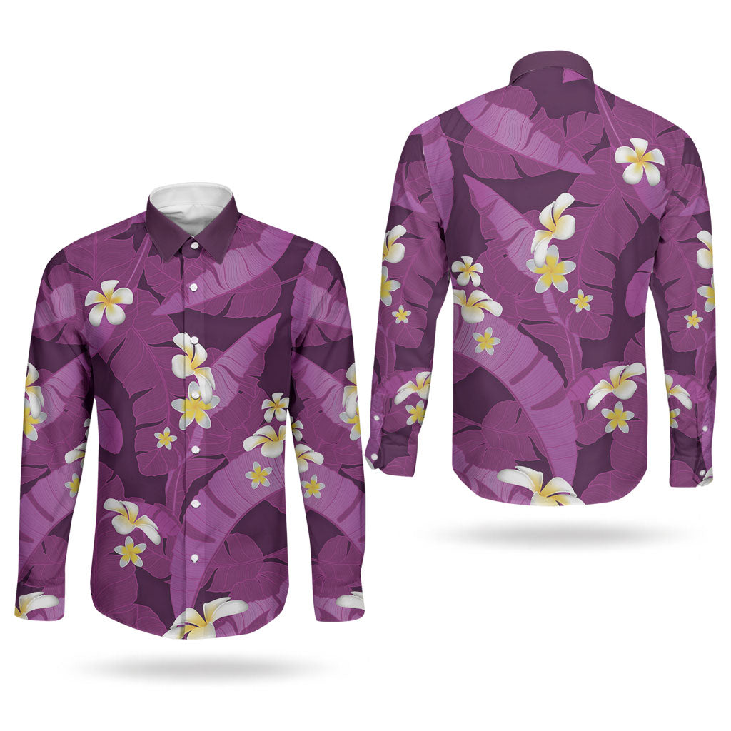 Purple Banana Leaf Hawaii Couples Matching Off Shoulder Maxi Dress and Long Sleeve Button Shirt Lau Maia Plumeria Tropical Summer Vibes