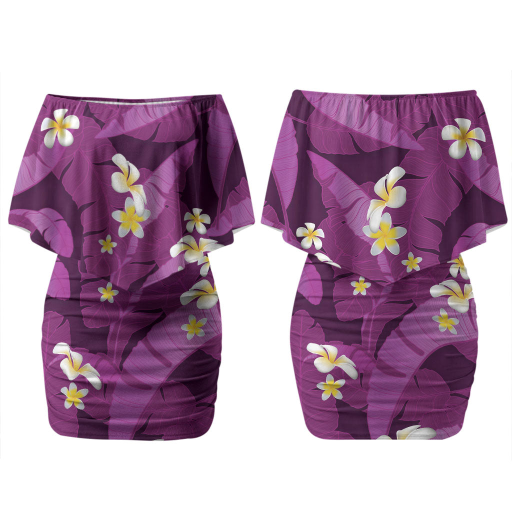 Purple Banana Leaf Hawaii Couples Matching Off Shoulder Short Dress and Hawaiian Shirt Lau Maia Plumeria Tropical Summer Vibes