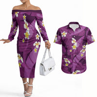 Purple Banana Leaf Hawaii Couples Matching Off The Shoulder Long Sleeve Dress and Hawaiian Shirt Lau Maia Plumeria Tropical Summer Vibes