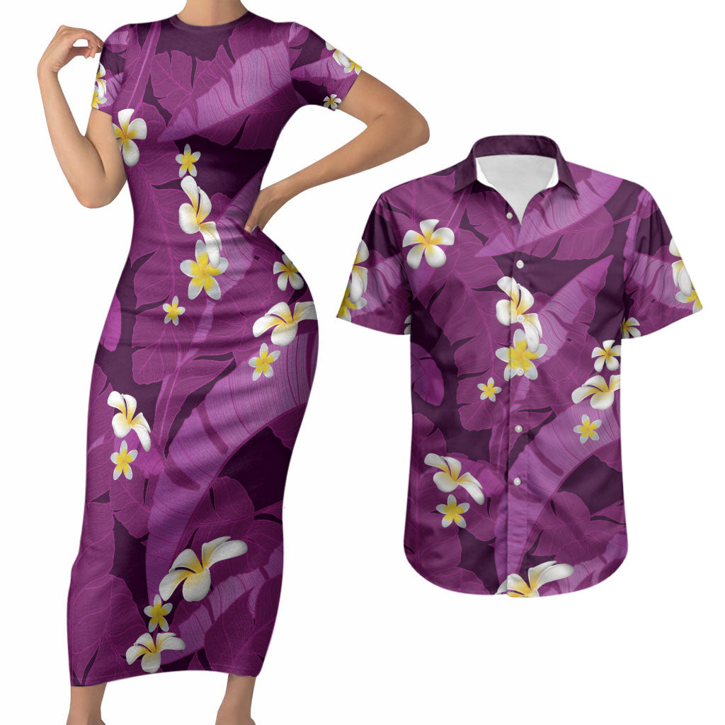 Purple Banana Leaf Hawaii Couples Matching Short Sleeve Bodycon Dress and Hawaiian Shirt Lau Maia Plumeria Tropical Summer Vibes LT14 Purple - Polynesian Pride