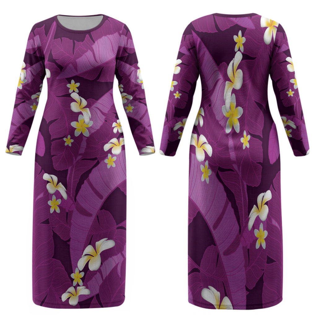 Purple Banana Leaf Hawaii Family Matching Long Sleeve Bodycon Dress and Hawaiian Shirt Lau Maia Plumeria Tropical Summer Vibes