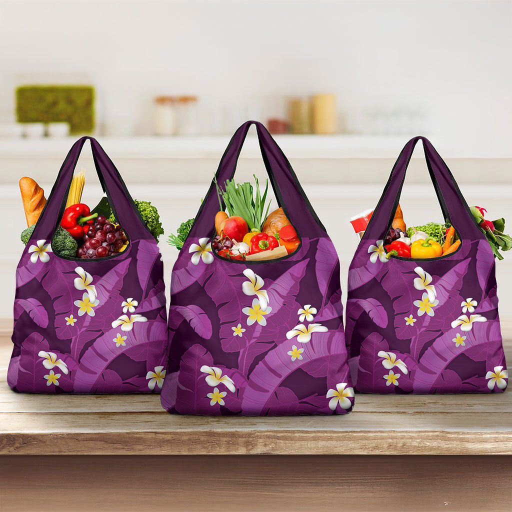 Purple Banana Leaf Hawaii Grocery Bag Lau Maia Plumeria Tropical Summer Vibes LT14 3-pack One Size Purple - Polynesian Pride