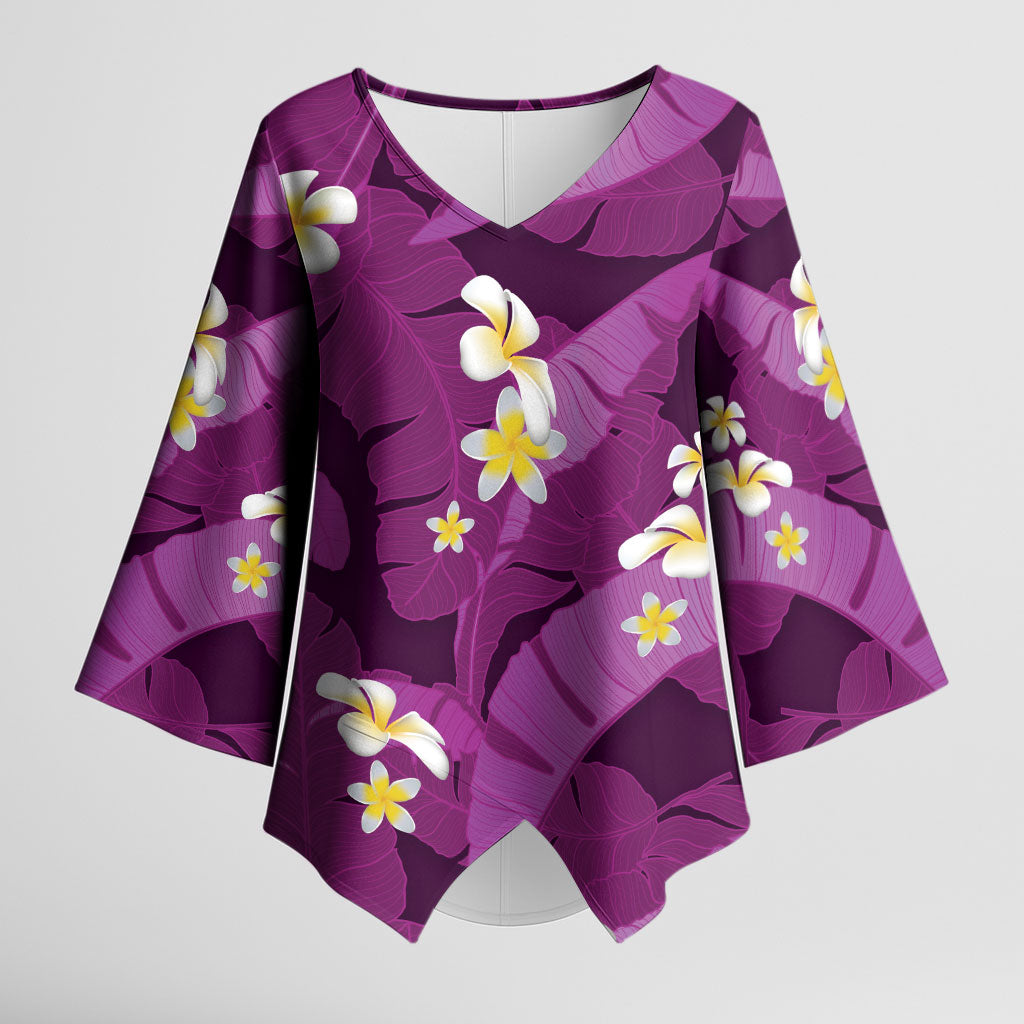 Purple Banana Leaf Hawaii Kimono Sleeve Blouse Lau Maia Plumeria Tropical Summer Vibes