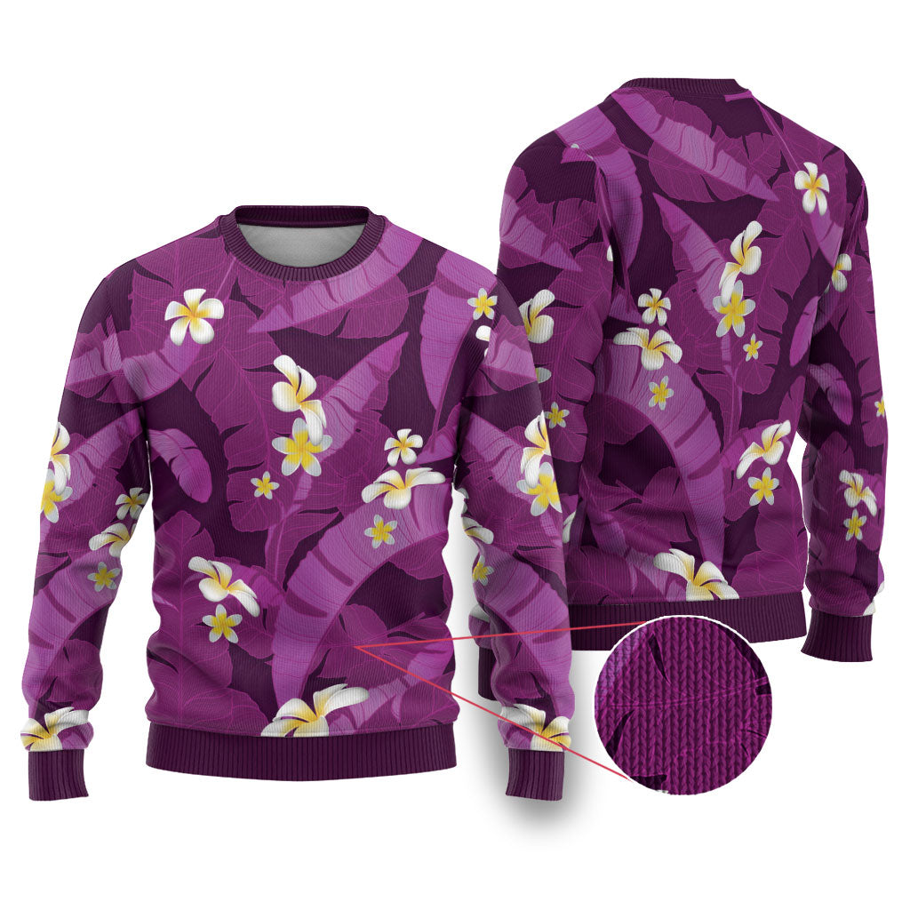 Purple Banana Leaf Hawaii Ugly Christmas Sweater Lau Maia Plumeria Tropical Summer Vibes LT14 Purple - Polynesian Pride