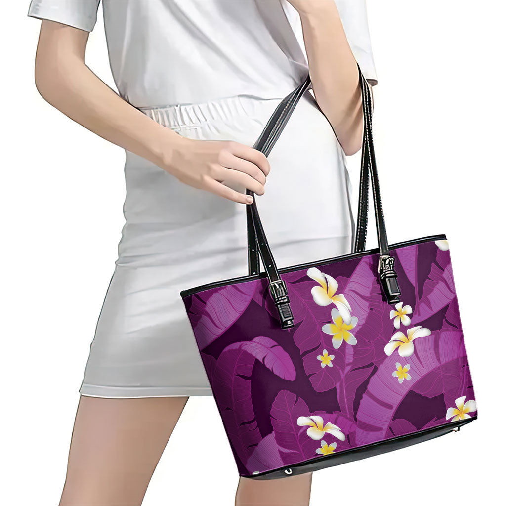 Purple Banana Leaf Hawaii Leather Tote Bag Lau Maia Plumeria Tropical Summer Vibes LT14 - Polynesian Pride