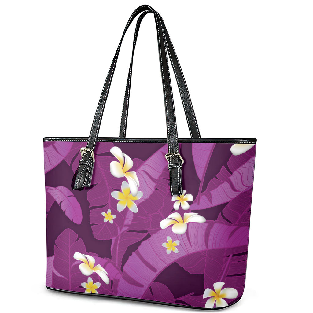 Purple Banana Leaf Hawaii Leather Tote Bag Lau Maia Plumeria Tropical Summer Vibes LT14 - Polynesian Pride