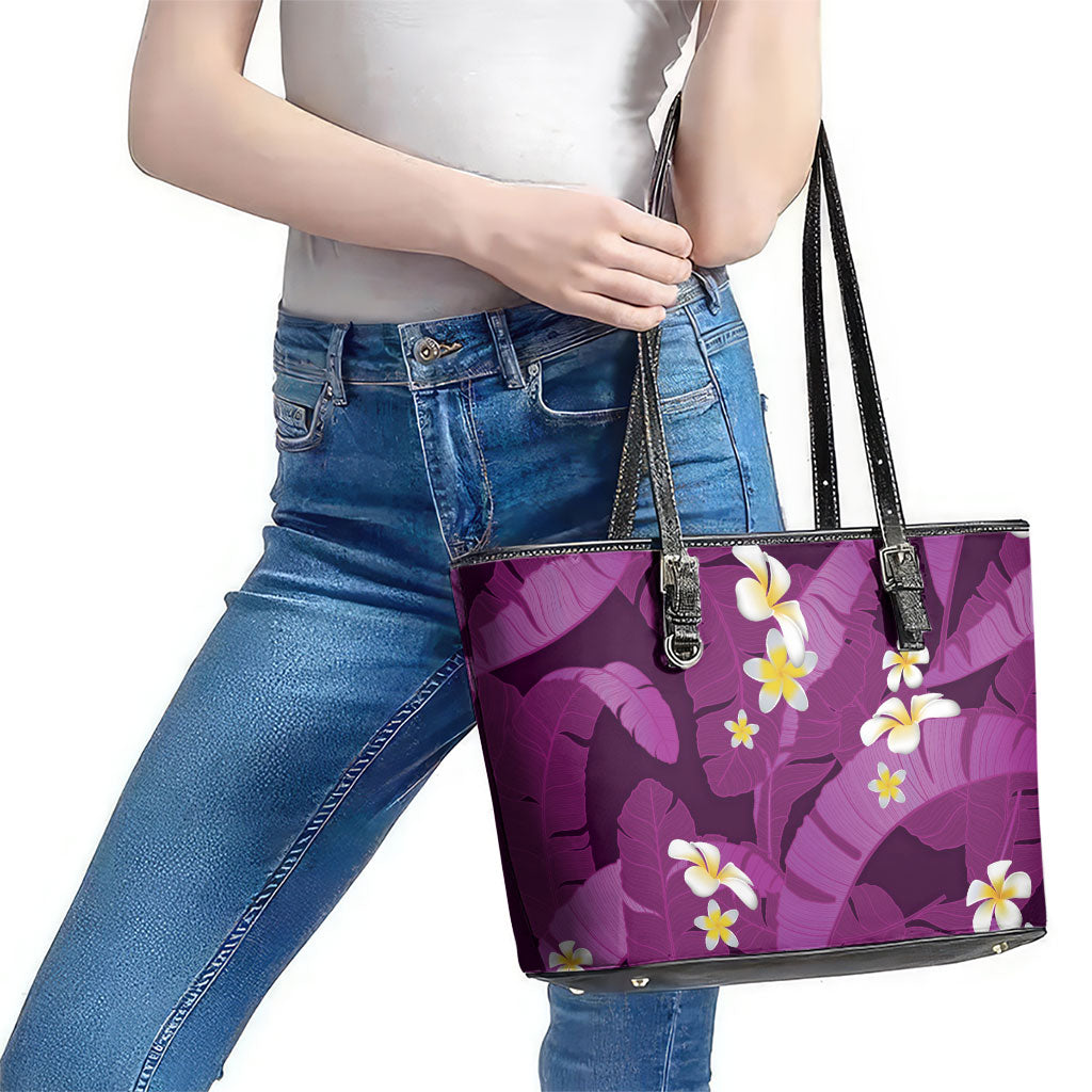 Purple Banana Leaf Hawaii Leather Tote Bag Lau Maia Plumeria Tropical Summer Vibes LT14 - Polynesian Pride