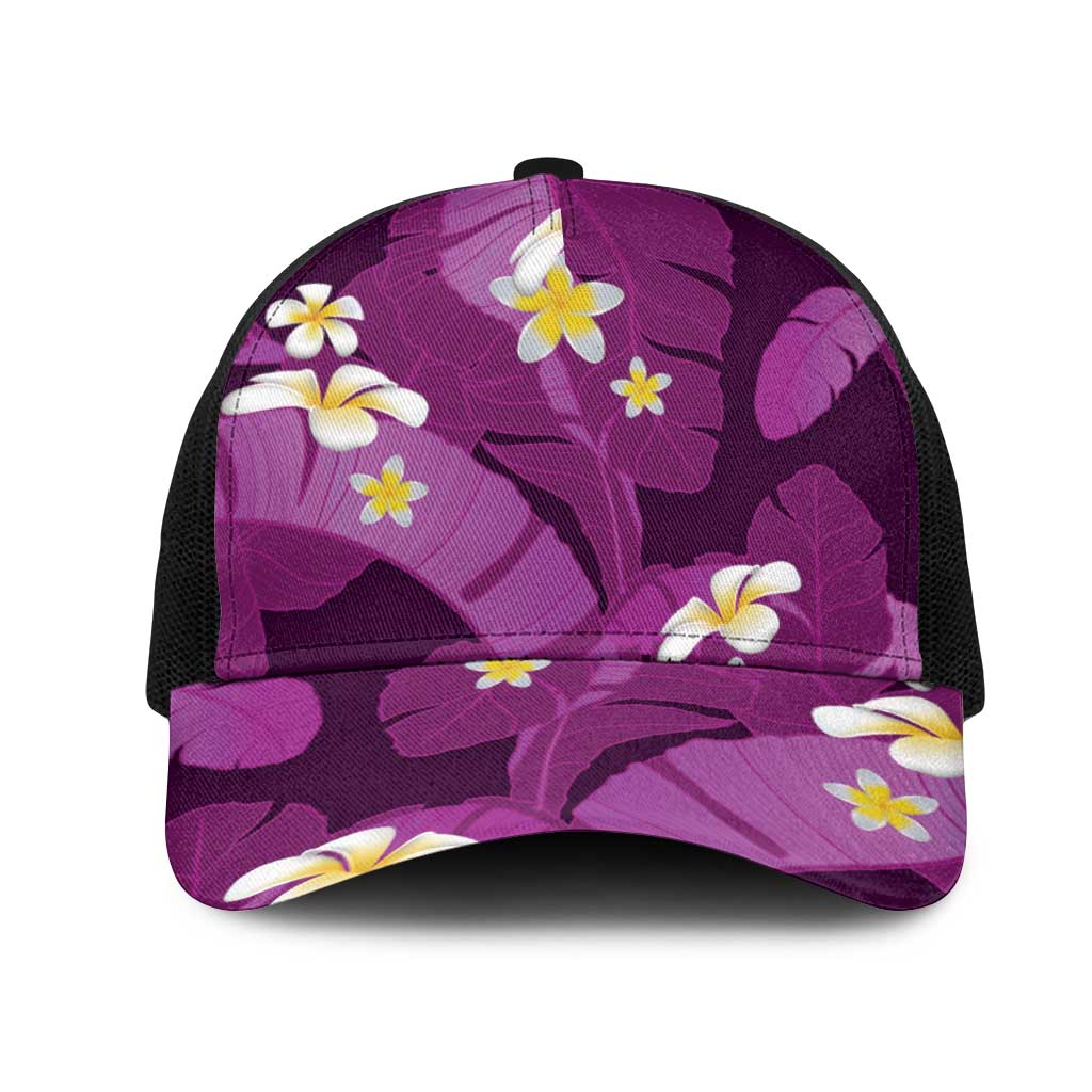 Purple Banana Leaf Hawaii Mesh Trucker Cap Lau Maia Plumeria Tropical Summer Vibes LT14 One Size Black Purple - Polynesian Pride