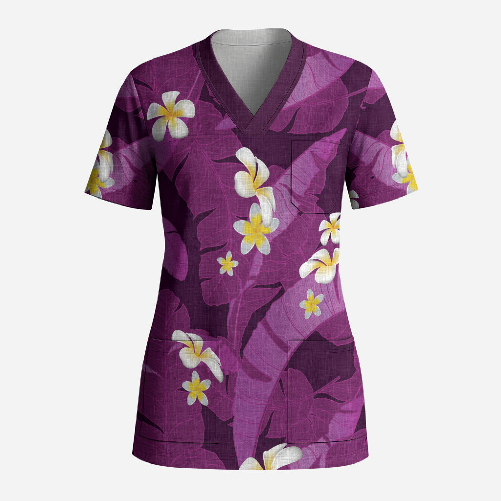 Purple Banana Leaf Hawaii Scrub Top Lau Maia Plumeria Tropical Summer Vibes LT14 Adult Purple - Polynesian Pride