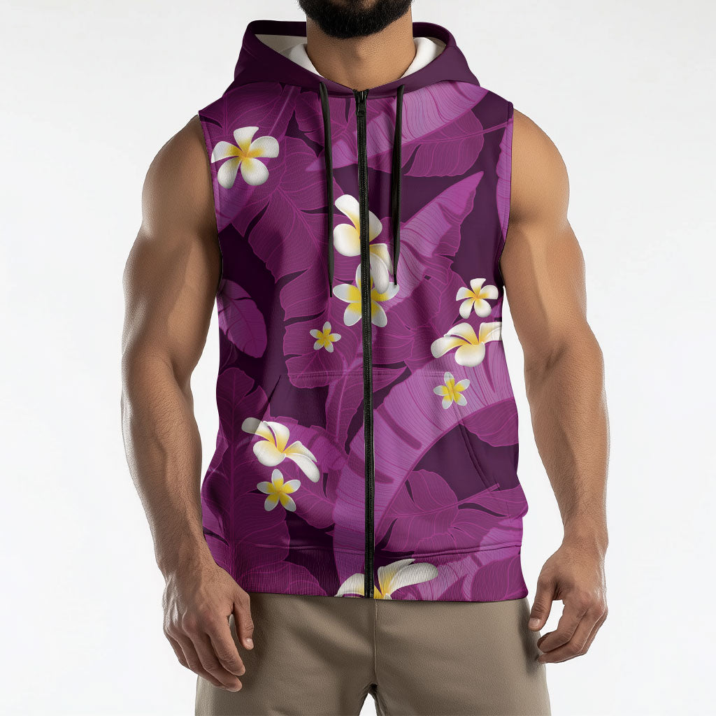 Purple Banana Leaf Hawaii Sleeveless Zip Hoodie Lau Maia Plumeria Tropical Summer Vibes LT14 - Polynesian Pride
