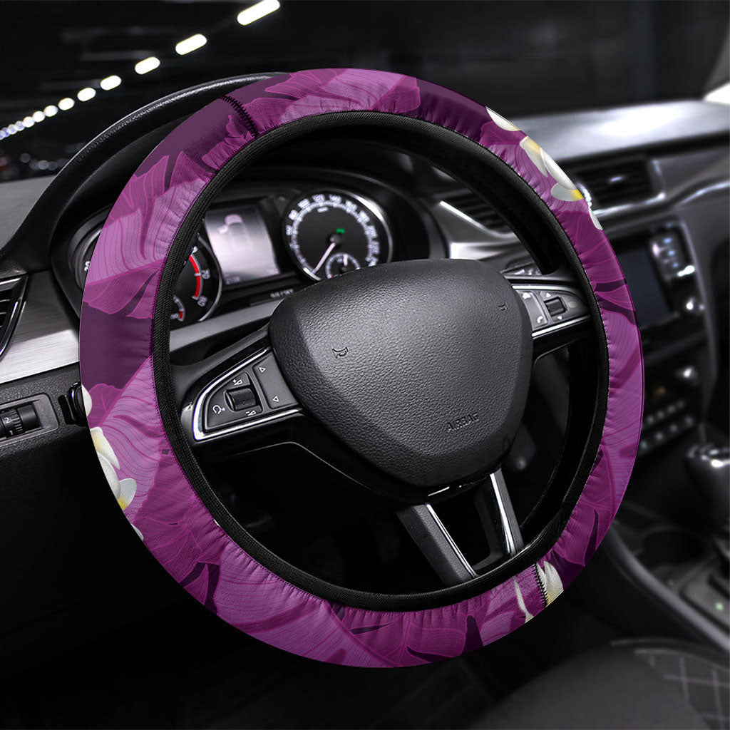 Purple Banana Leaf Hawaii Steering Wheel Cover Lau Maia Plumeria Tropical Summer Vibes