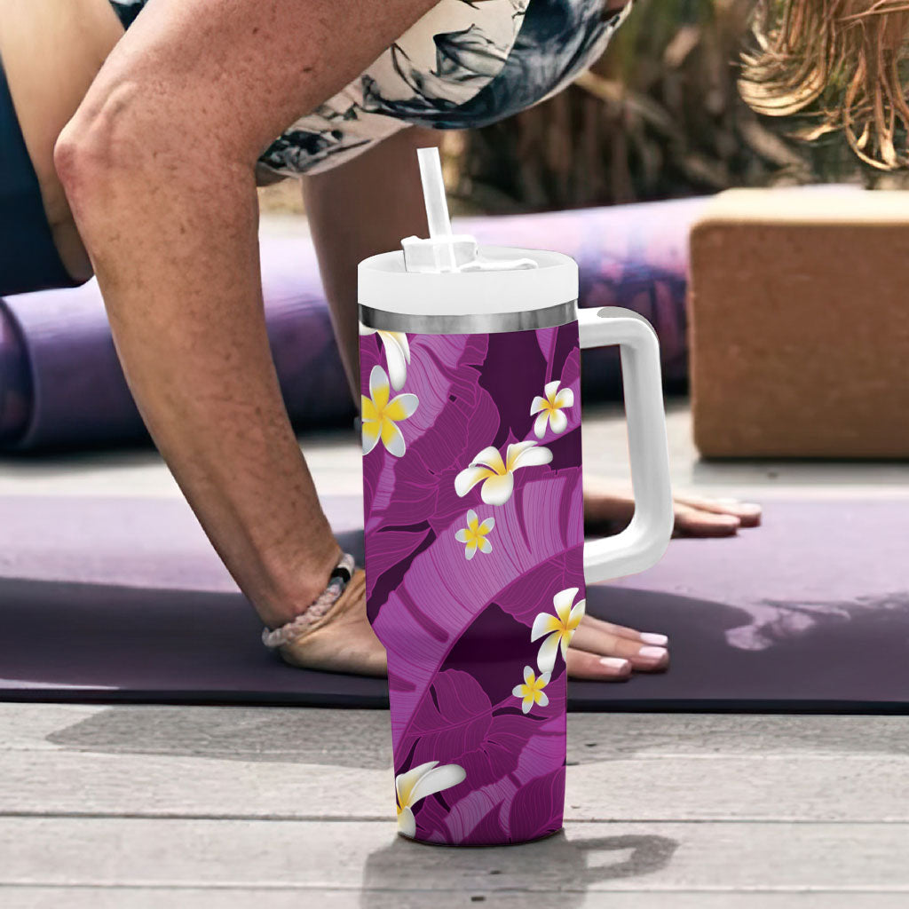 Purple Banana Leaf Hawaii Tumbler With Handle Lau Maia Plumeria Tropical Summer Vibes