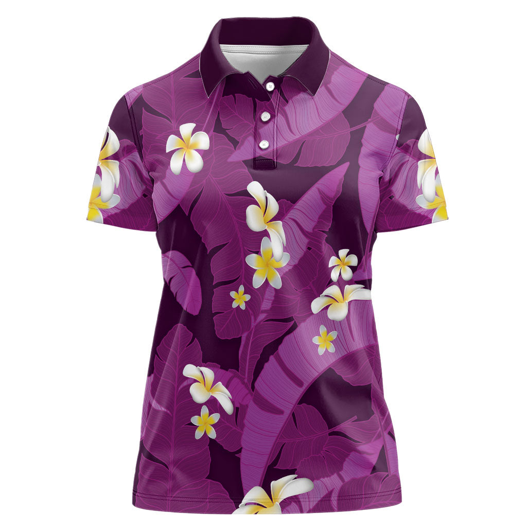 Purple Banana Leaf Hawaii Women Polo Shirt Lau Maia Plumeria Tropical Summer Vibes