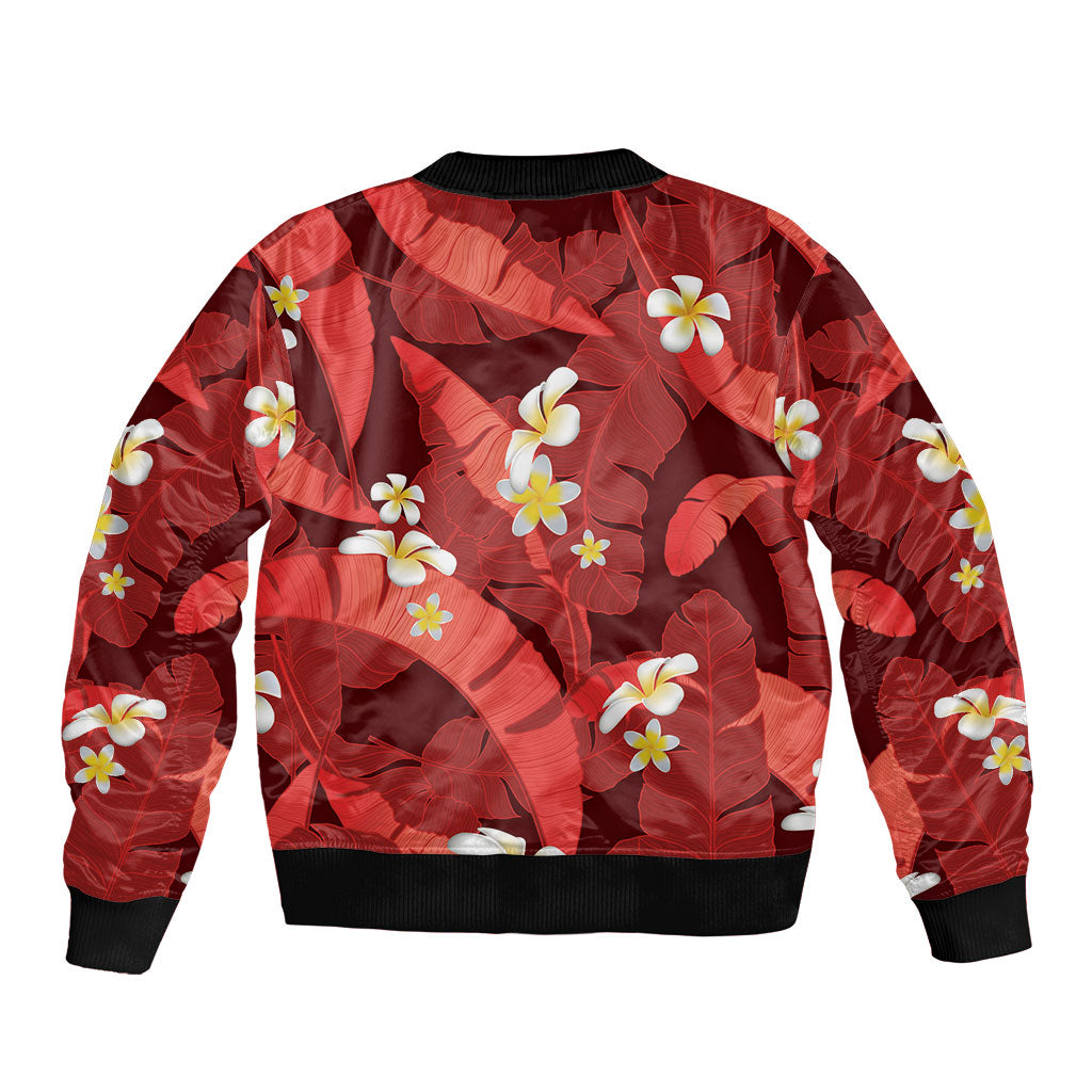 Red Banana Leaf Hawaii Bomber Jacket Lau Maia Plumeria Tropical Summer Vibes